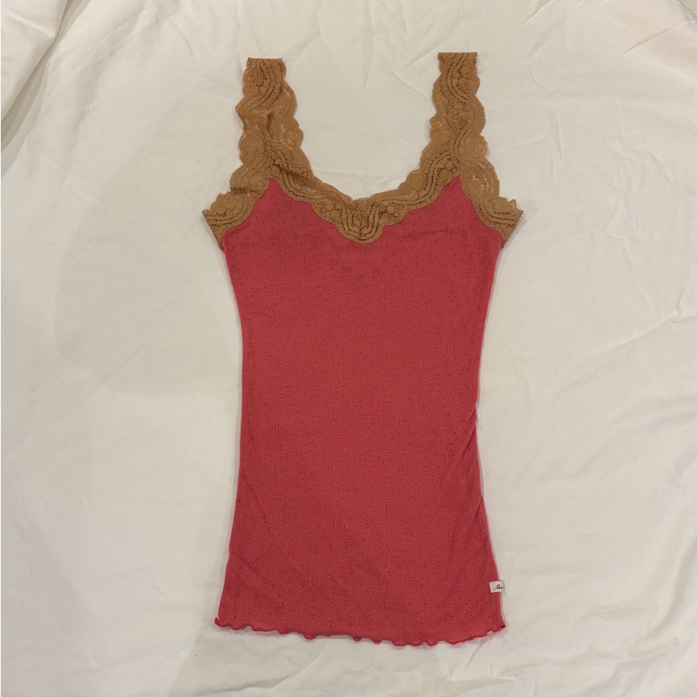 Abercrombie & Fitch Pink Tank Top with Brown Lace Trim, Y2K Vintage, size small